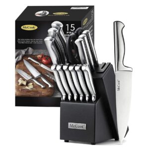 McCook MC21 German Stainless Steel Knife Block Sets with Built-in Sharpener + MCW12 Bamboo Cutting Board(Large, 17”x12”x1”)