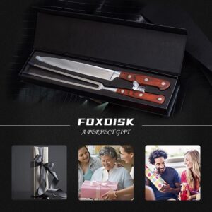 FOXDISK 2 Piece Carving Knife and Fork Set, Carving Set for Barbecue, Cutting Meat and Turkey, Stainless Steel Camping Cooking BBQ Cutter Carving Fork with Gift Box - Wooden Handle