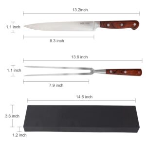 FOXDISK 2 Piece Carving Knife and Fork Set, Carving Set for Barbecue, Cutting Meat and Turkey, Stainless Steel Camping Cooking BBQ Cutter Carving Fork with Gift Box - Wooden Handle