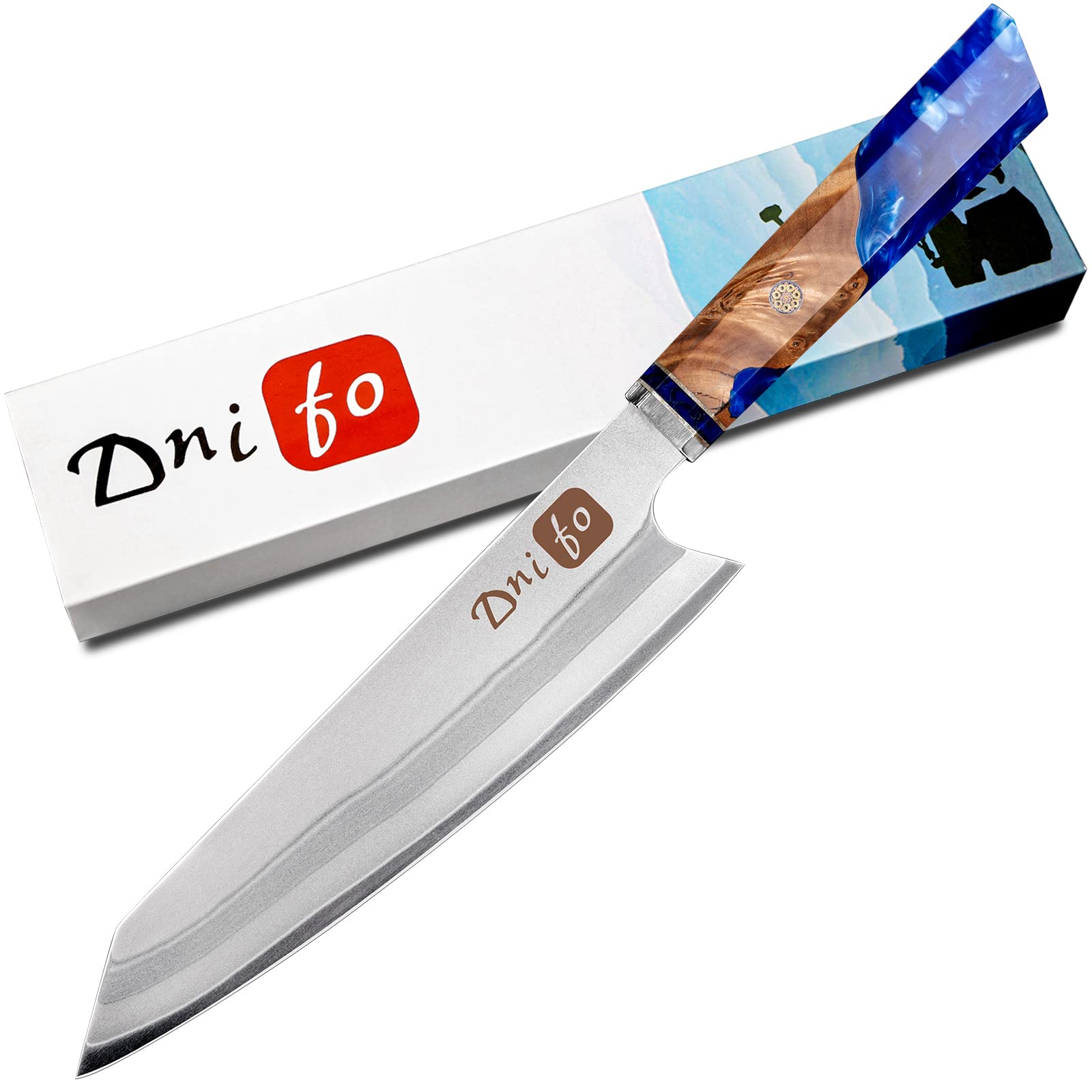 Dnifo Chef Knife, 8-inch Japanese Kiritsuke Chef Knife, Super Sharp Stainless Steel Professional High Carbon Japanese Kitchen Knife, Ergonomic Resin Wood Handle with Sheath Gift Box