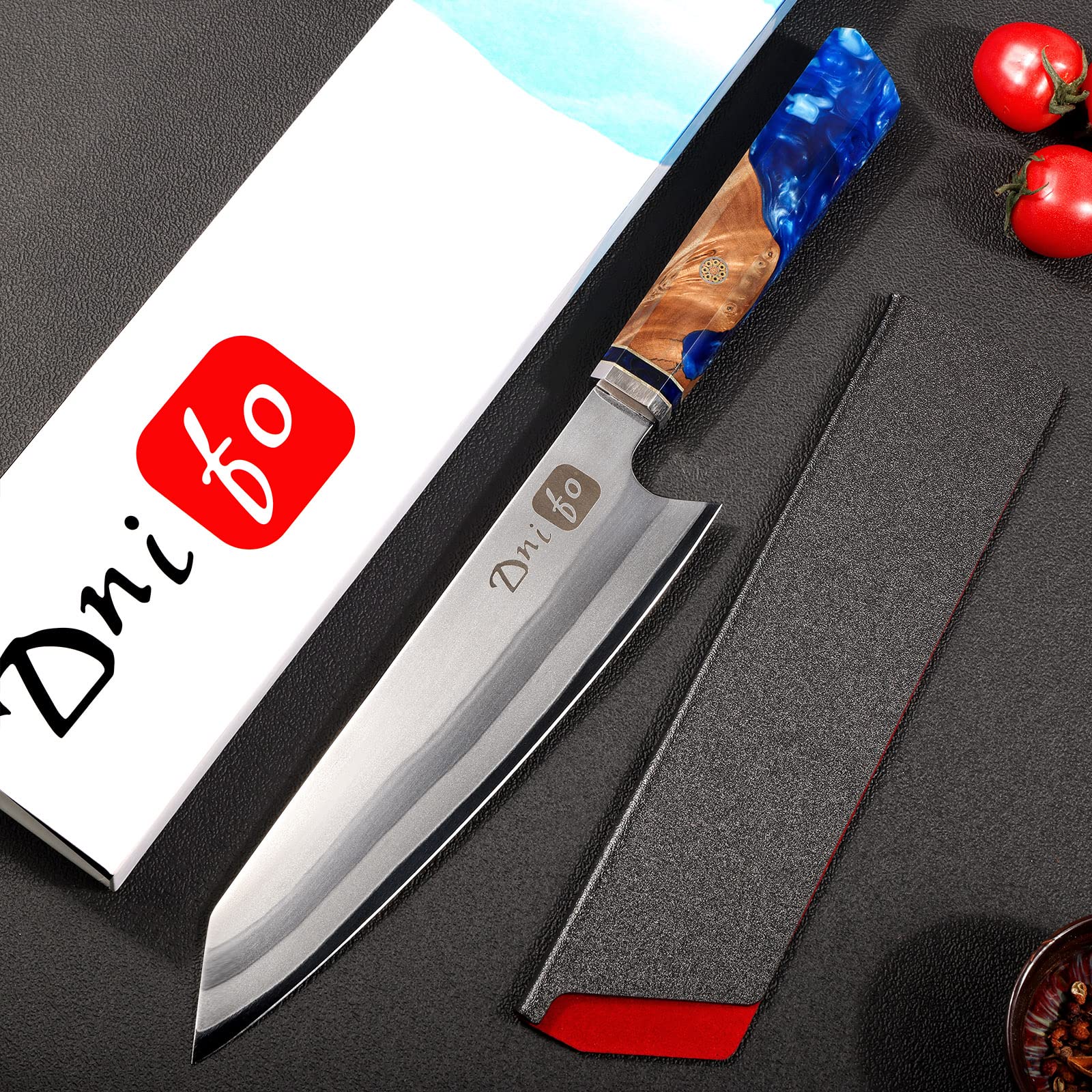 Dnifo Chef Knife, 8-inch Japanese Kiritsuke Chef Knife, Super Sharp Stainless Steel Professional High Carbon Japanese Kitchen Knife, Ergonomic Resin Wood Handle with Sheath Gift Box