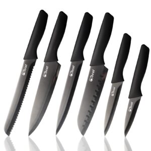 black kitchen knife set of 6, stainless steel knife set with blade protective knife sheath, cutting knife with frosted non-slip handle, chopping knife, bread knife, gift box