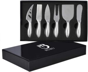 buru cheese knives set 6-piece stainless steel cheese knife set for charcuterie with spreader, fork and case with best cheese knives great gift set and best cheese knife with full-length blades