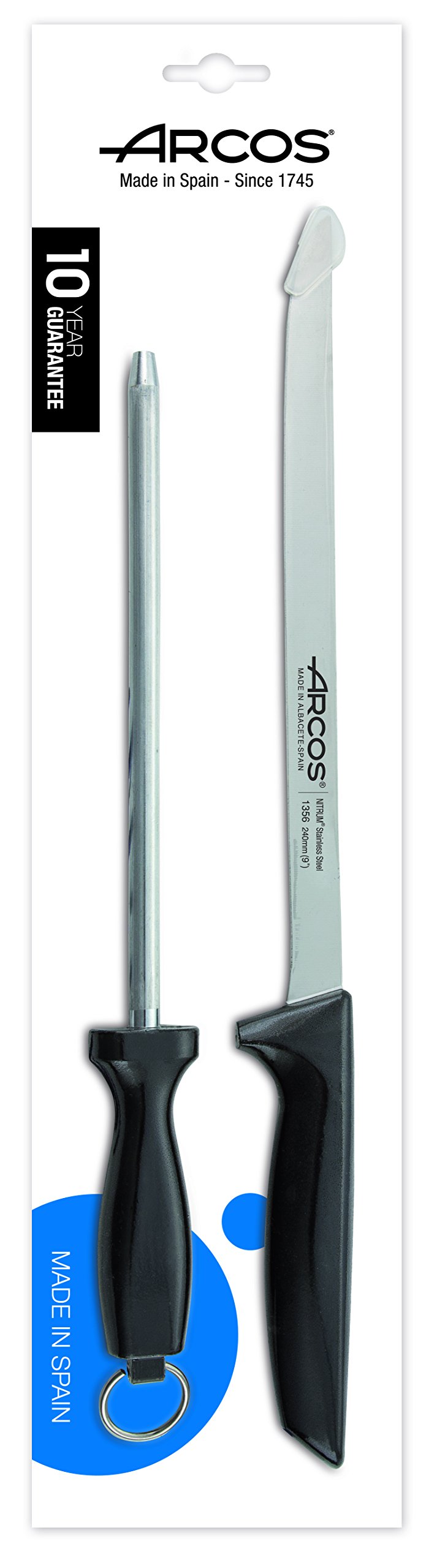 ARCOS 2 Piece Carving Knife Set. Ham Slicer Knife and Chaira Sharpener in Stainless Steel with Ergonomic Polypropylene Handle. Series Niza. Color Black