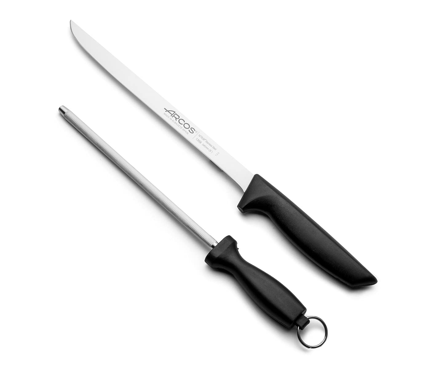 ARCOS 2 Piece Carving Knife Set. Ham Slicer Knife and Chaira Sharpener in Stainless Steel with Ergonomic Polypropylene Handle. Series Niza. Color Black