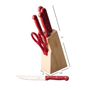 Home Basics 7 Piece Knife Set, Red | Wooden Block Included for Storage | Comfortable Grip | Non-Slip Handles | Bright Red | Heavy Duty Stainless Steel