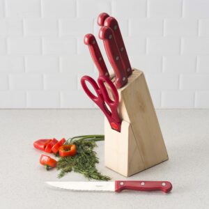 Home Basics 7 Piece Knife Set, Red | Wooden Block Included for Storage | Comfortable Grip | Non-Slip Handles | Bright Red | Heavy Duty Stainless Steel