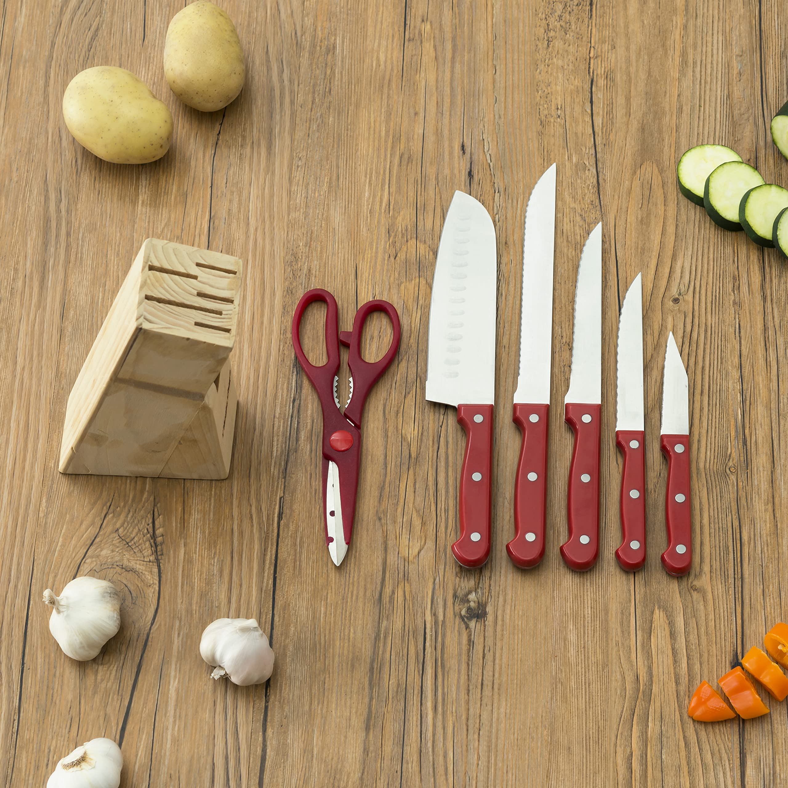 Home Basics 7 Piece Knife Set, Red | Wooden Block Included for Storage | Comfortable Grip | Non-Slip Handles | Bright Red | Heavy Duty Stainless Steel