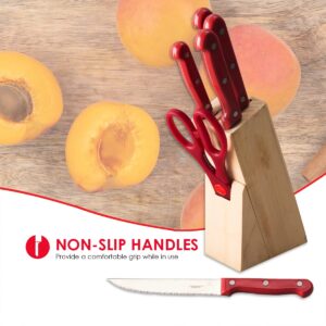 Home Basics 7 Piece Knife Set, Red | Wooden Block Included for Storage | Comfortable Grip | Non-Slip Handles | Bright Red | Heavy Duty Stainless Steel