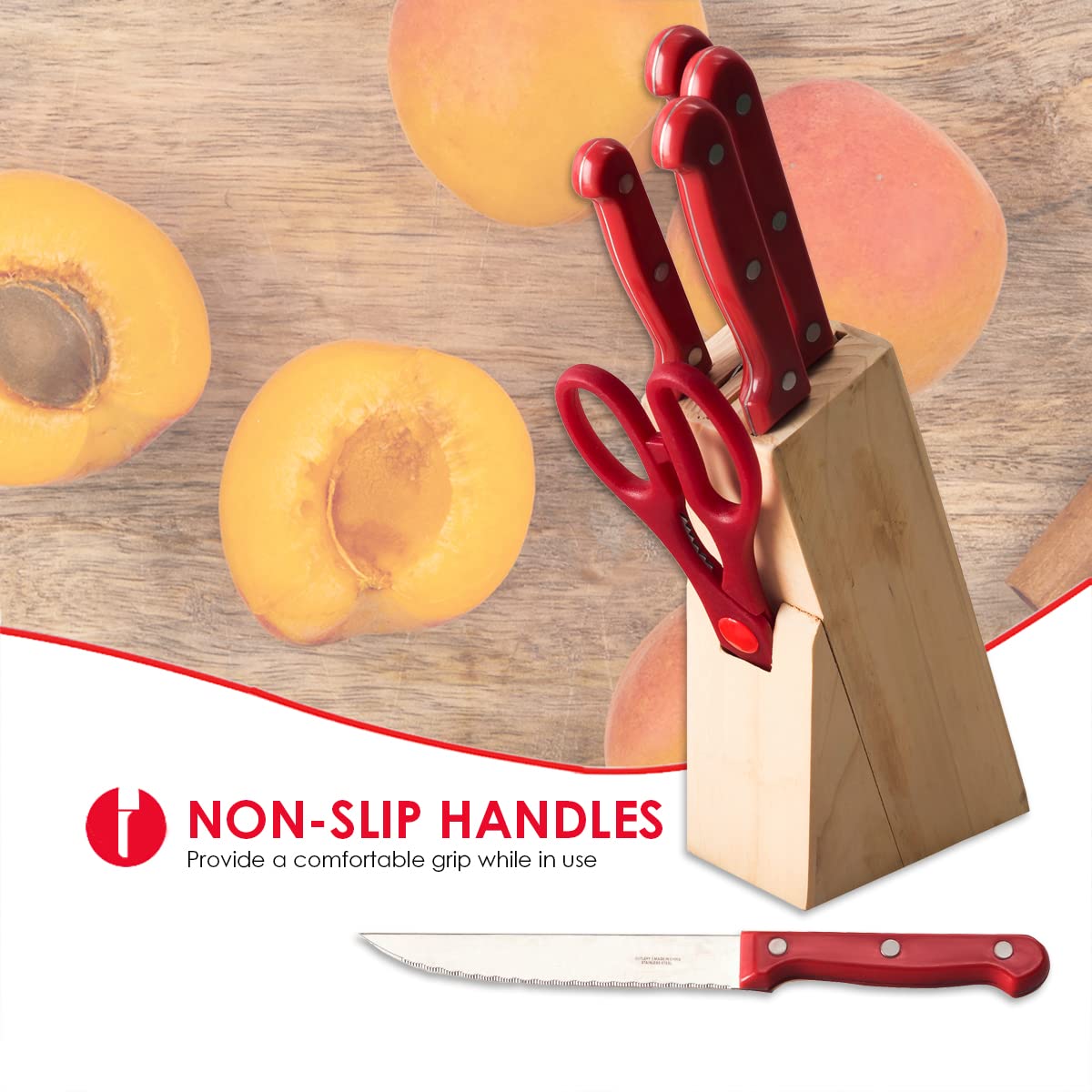 Home Basics 7 Piece Knife Set, Red | Wooden Block Included for Storage | Comfortable Grip | Non-Slip Handles | Bright Red | Heavy Duty Stainless Steel