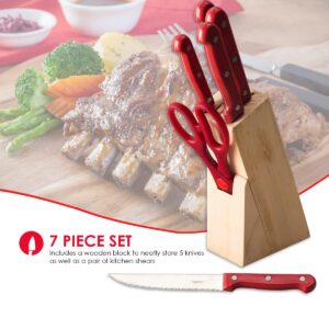 Home Basics 7 Piece Knife Set, Red | Wooden Block Included for Storage | Comfortable Grip | Non-Slip Handles | Bright Red | Heavy Duty Stainless Steel