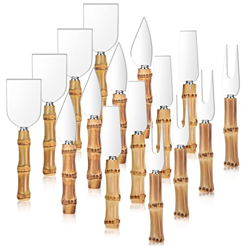 16 Piece Cheese Knives Set with Bamboo Handle Mini Stainless Steel Cheese Knife with 4 Heart Knives 4 Chisel Knives 4 Cheese Forks 4 Pieces Cheese Applicators for Charcuterie Cheese Spreader Cutter