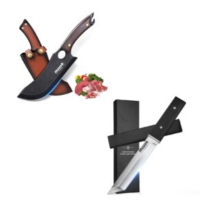 huusk black meat cleaver butcher knives bundle with outdoor camping cooking knife with leather sheath and gift box