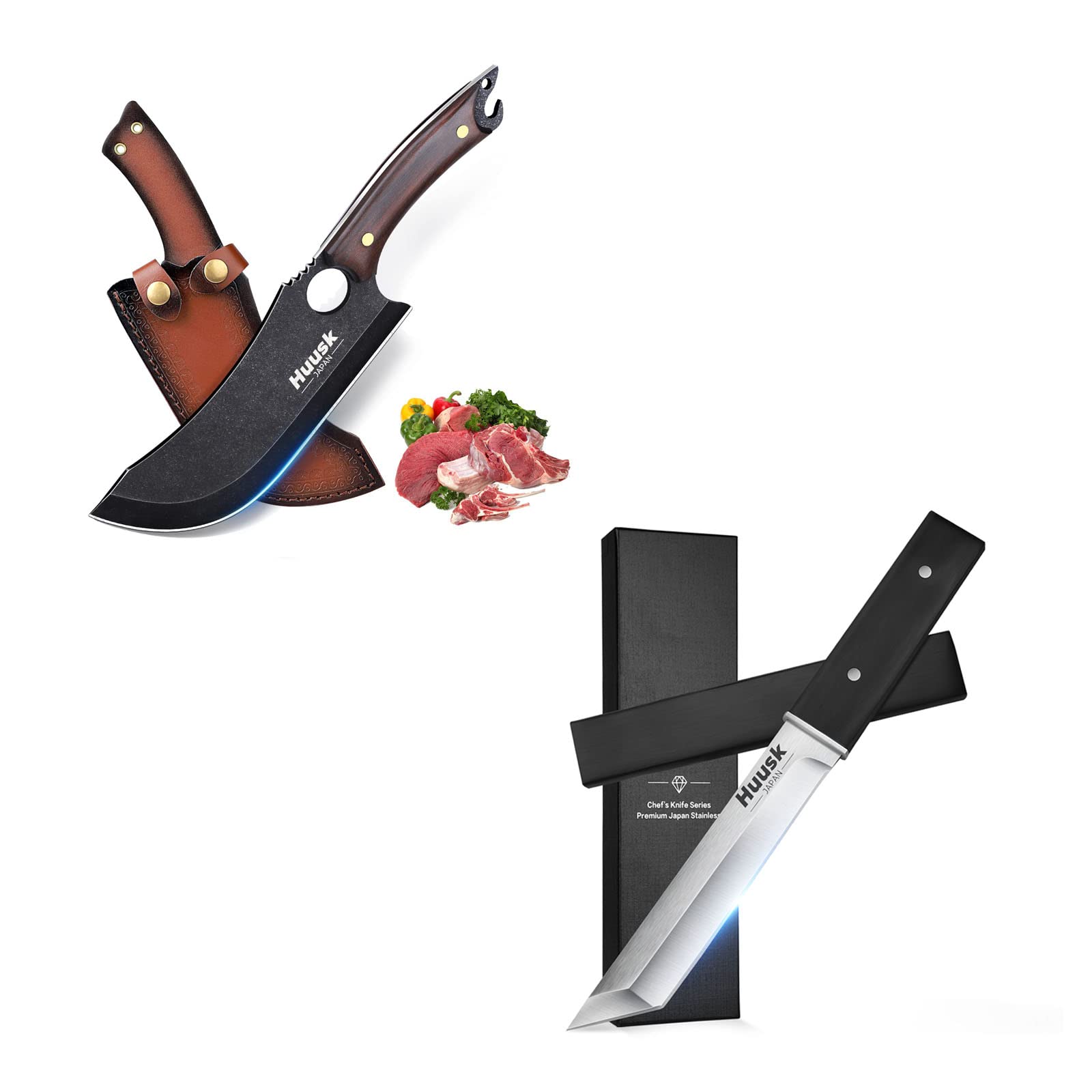 Huusk Black Meat Cleaver Butcher Knives Bundle with Outdoor Camping Cooking Knife with Leather Sheath and Gift Box