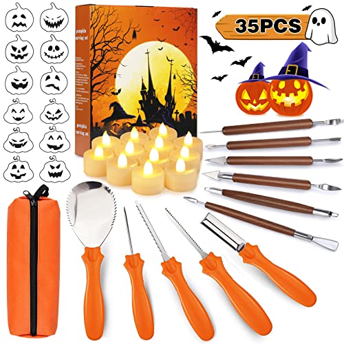 35 PCS Halloween Pumpkin Carving Kit, Professional Pumpkin Carving Tools Set with Stencils Candles Carrying Bag, Pumpkin Carving Knife for Kids Adults Sculpting Jack-O-Lanterns Halloween Decoration