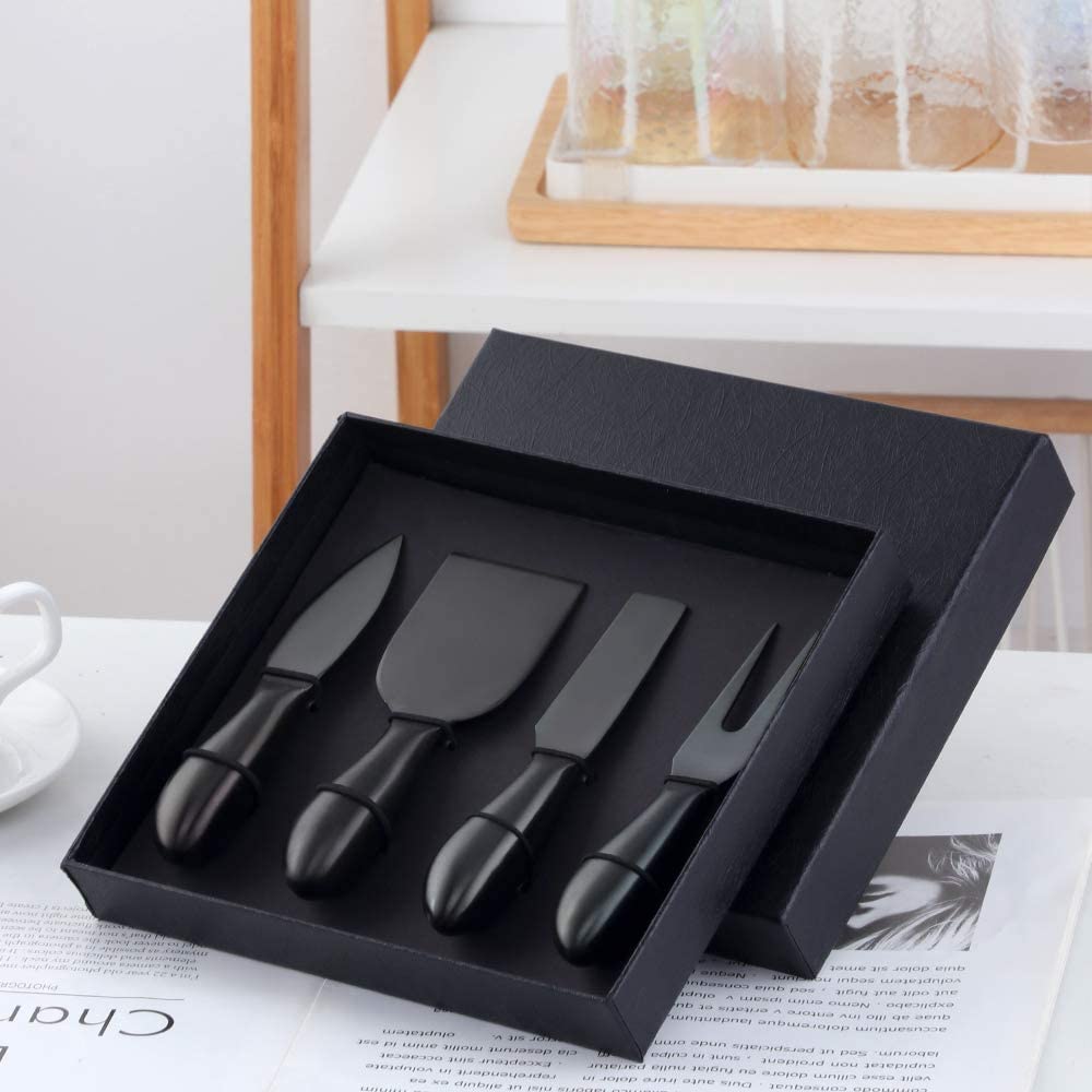 Buyer Star Black 4 Piece Cheese Knife Set Stainless Steel Mini Cheese knives Charcuterie Board Accessories Cheese Spreader Knife with Gift Box for Charcuterie, Gift-Ready