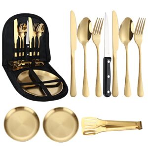 alxbsone stainless steel portable outdoor cutlery set 10-pcs mess kit travel camping steak knife fork spoon cloth bag cutlery set(gold)