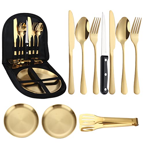 ALXBSONE Stainless Steel Portable Outdoor Cutlery Set 10-pcs Mess kit Travel Camping Steak Knife Fork Spoon Cloth Bag Cutlery Set(Gold)