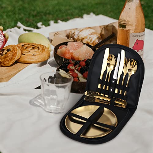 ALXBSONE Stainless Steel Portable Outdoor Cutlery Set 10-pcs Mess kit Travel Camping Steak Knife Fork Spoon Cloth Bag Cutlery Set(Gold)