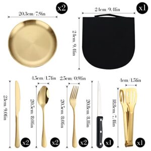 ALXBSONE Stainless Steel Portable Outdoor Cutlery Set 10-pcs Mess kit Travel Camping Steak Knife Fork Spoon Cloth Bag Cutlery Set(Gold)