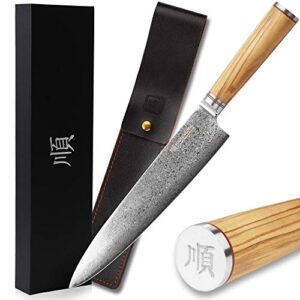 yousunlong chef's knife 10 inch (25.5cm) japanese cleaver damascus steel super sharp - italian olive wood handle with leather sheath