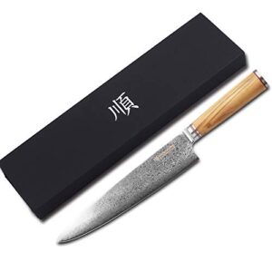 YOUSUNLONG Chef's Knife 10 Inch (25.5cm) Japanese Cleaver Damascus Steel Super Sharp - Italian Olive Wood Handle With Leather Sheath