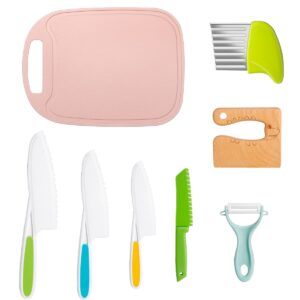 hanhan 8 pcs kids knife set, include 4 pcs plastic knives with serrated edges, crinkle cutter, y peeler, crocodile wood knife & durable cutting board for fruit, vegetable, bread, cake & more (#a)