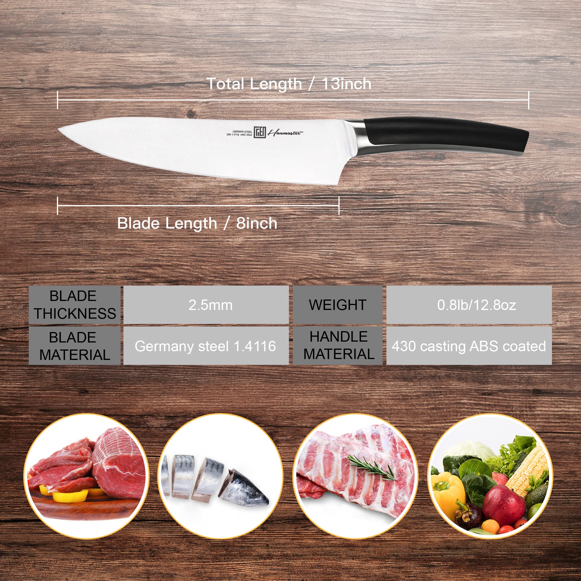 Hanmaster Chef Knife, 8-inch German Steel Sharp Chefs Knife with Non-slip Handle, Ideal Comfortable Grip Kitchen Knife for Home and Restaurants.