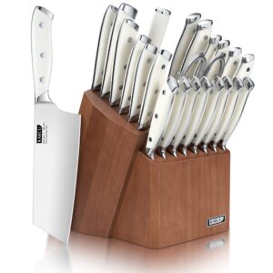 knife set, karcu 23-piece german steel forged kitchen knife block set, acacia block