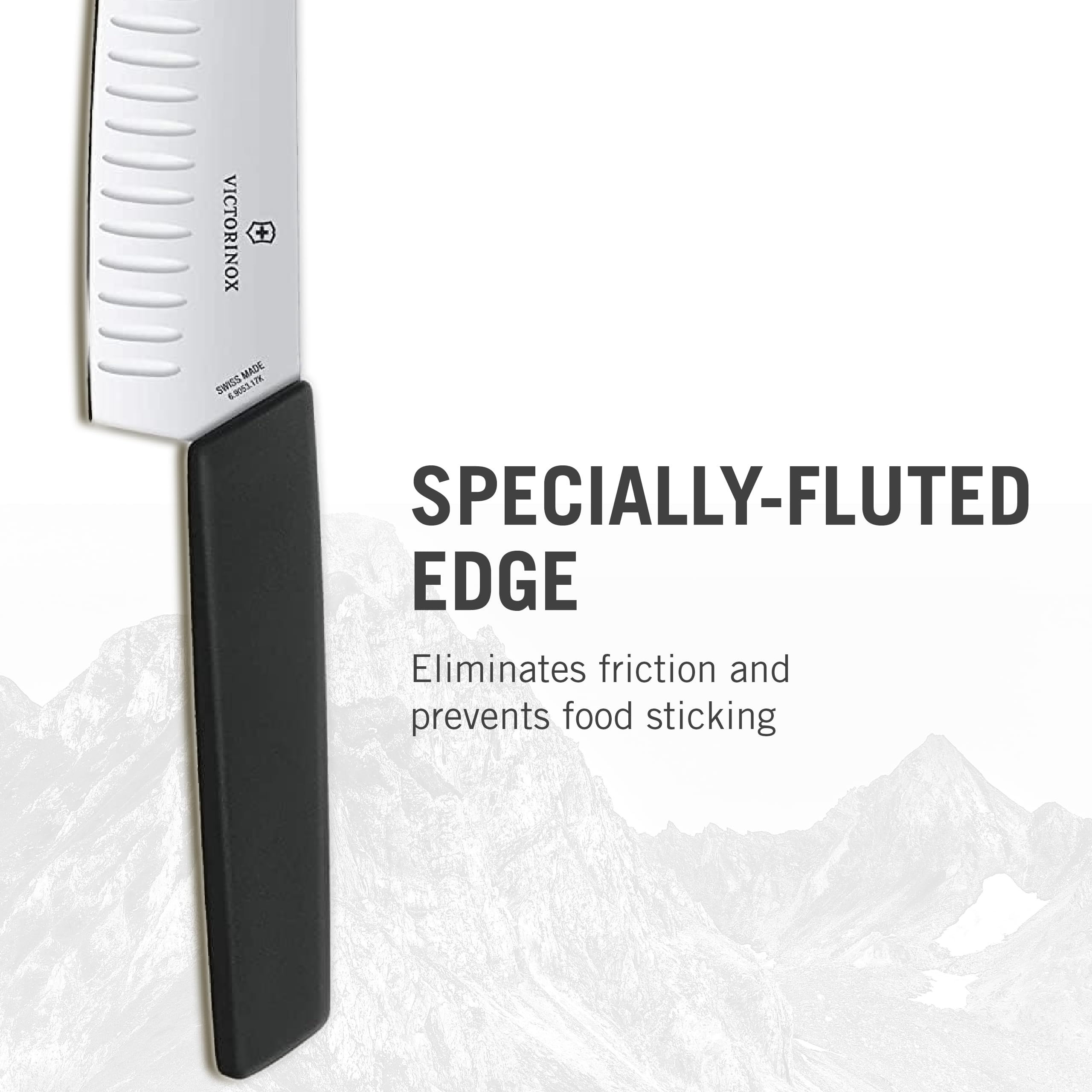 Victorinox 6.9053.17KB Swiss Modern Santoku Knife for General-Purpose Slicing, Dicing, Mincing, and Everything In Between Fluted Edge Blade in Black, 6.7 inches