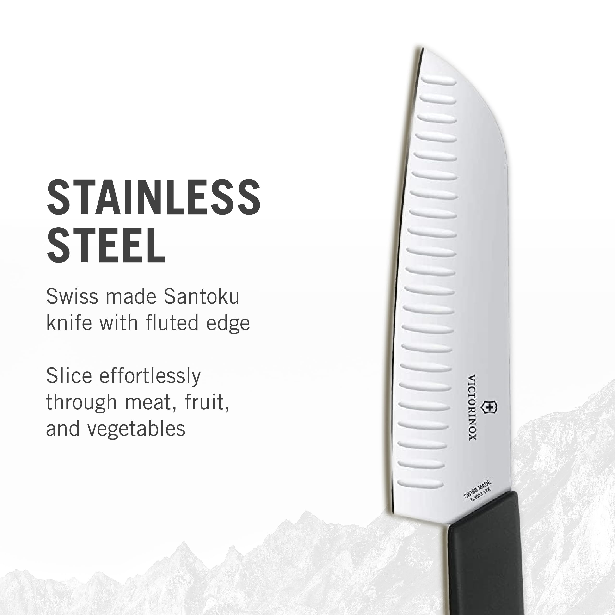 Victorinox 6.9053.17KB Swiss Modern Santoku Knife for General-Purpose Slicing, Dicing, Mincing, and Everything In Between Fluted Edge Blade in Black, 6.7 inches