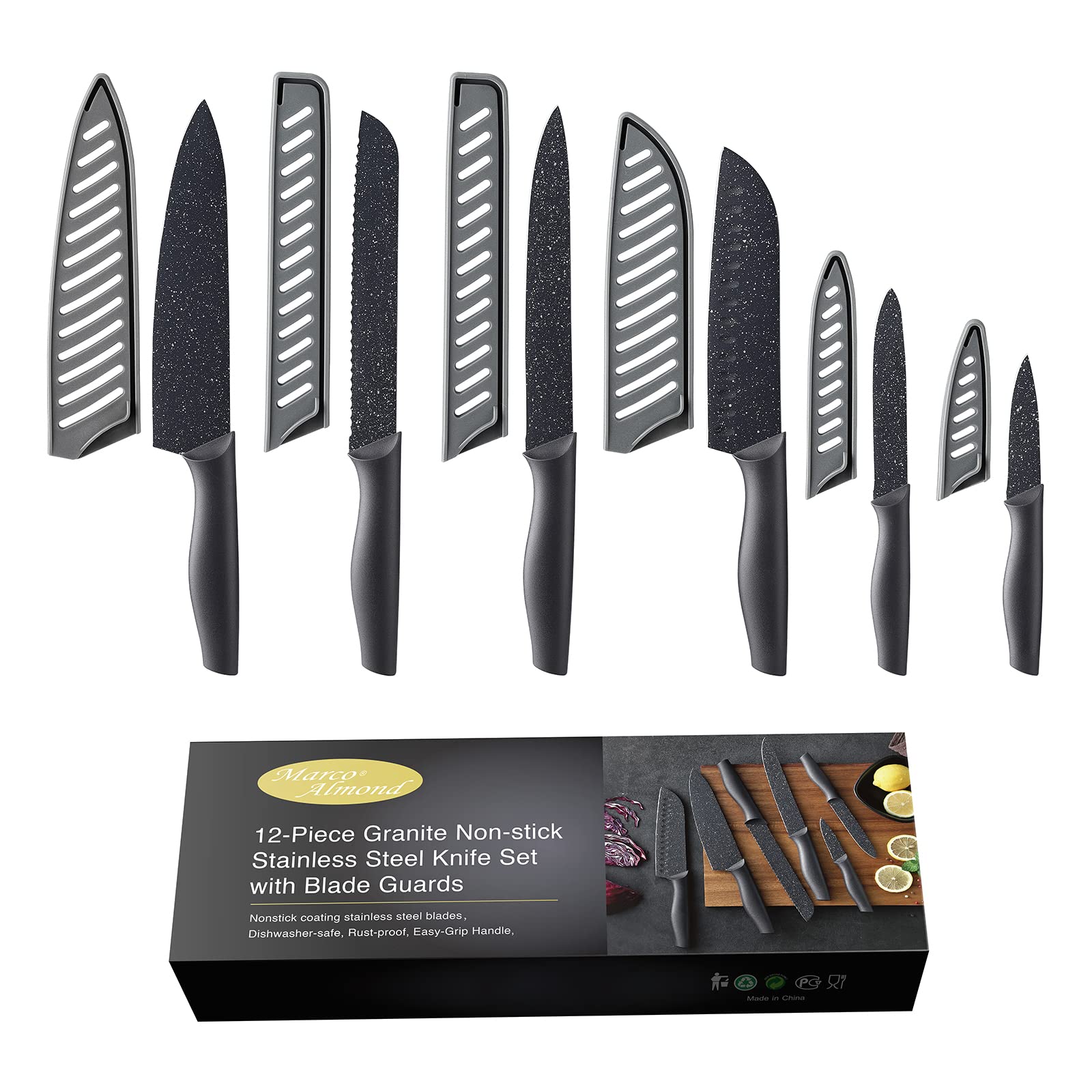 Marco Almond KYA39 Kitchen Knife Sets + KYA59 Titanium Coated Stainless Steel Long Handle Spoons