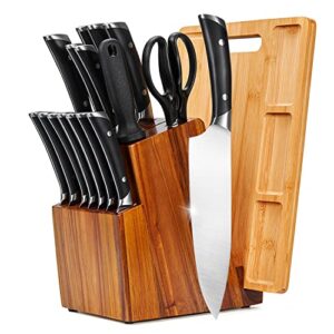 niuxx 18-pieces kitchen knife block with knives, acacia wood knife organizer with cutting board countertop, large knife rack holder for scissor and sharpener, ideal gift choices