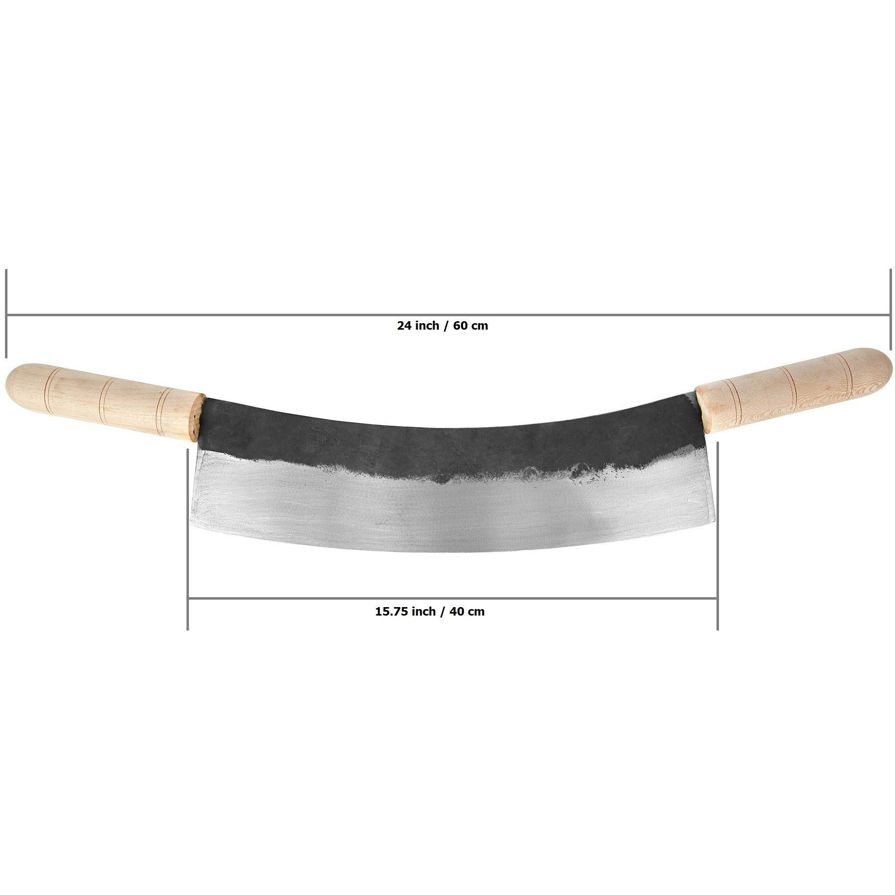 EROL Carbon Steel (15.7 in/40 cm) Mincing Knife Double Handle Handmade Forged Gourmet Professional Chef Butcher Chopping Handled Curved Kebab Meat Mezzaluna Herb Big Blade Kitchen Cleaver