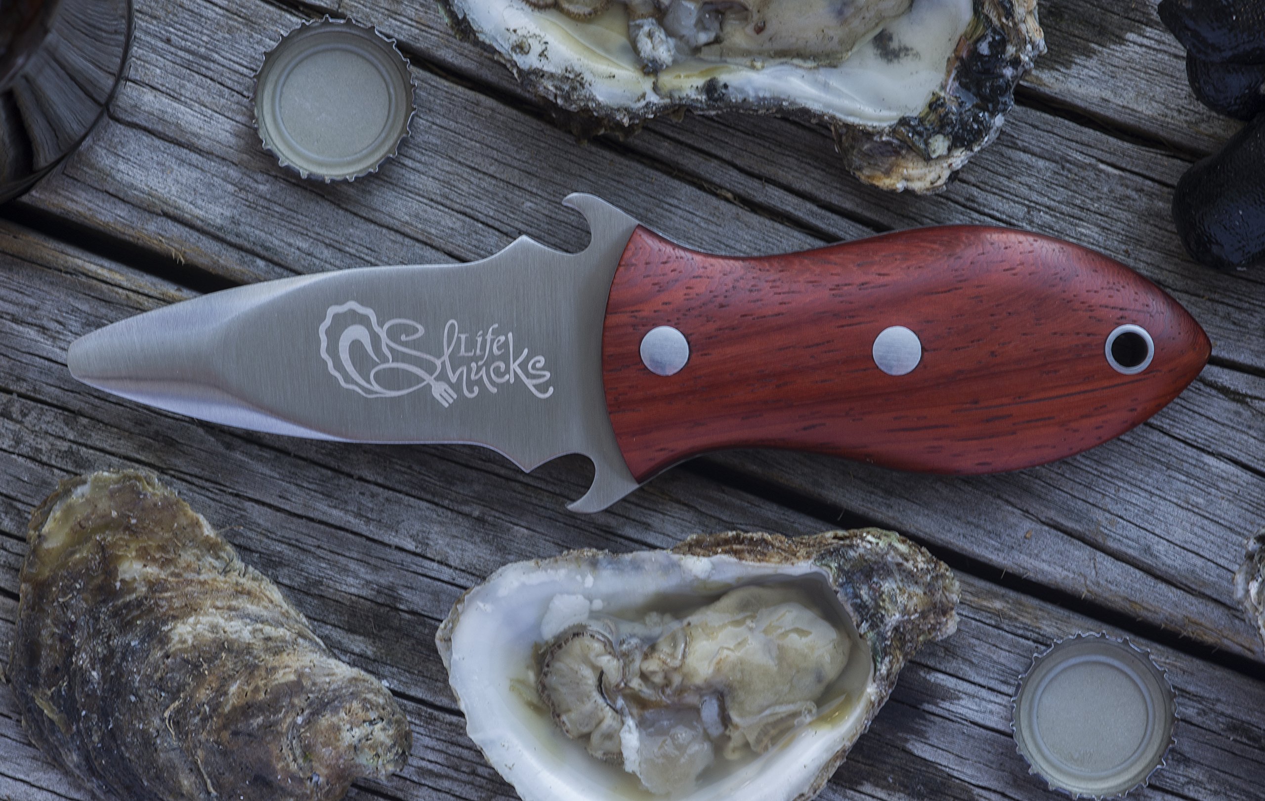 Oyster Knife with Rosewood Handle - Built-In Bottle Openers - GiftBox Included