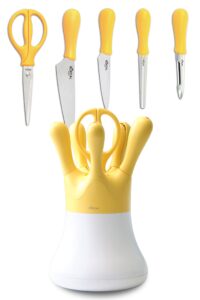 bukcal cute 5-piece kitchen knife set with block (knives, shears, tongs), stainless steel kitchen set, ergonomic handle, water-drop shape design