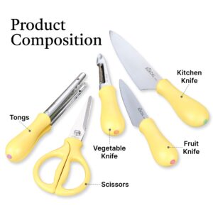 BUKCAL CUTE 5-Piece Kitchen Knife Set with Block (Knives, Shears, Tongs), Stainless Steel Kitchen Set, Ergonomic Handle, Water-Drop Shape Design