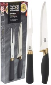 taylors eye witness 5pc kitchen knife block set - brooklyn range chrome coloured bolsters, finely ground razor sharp stainless steel blades. soft grip handles. set in matching rotating holder.