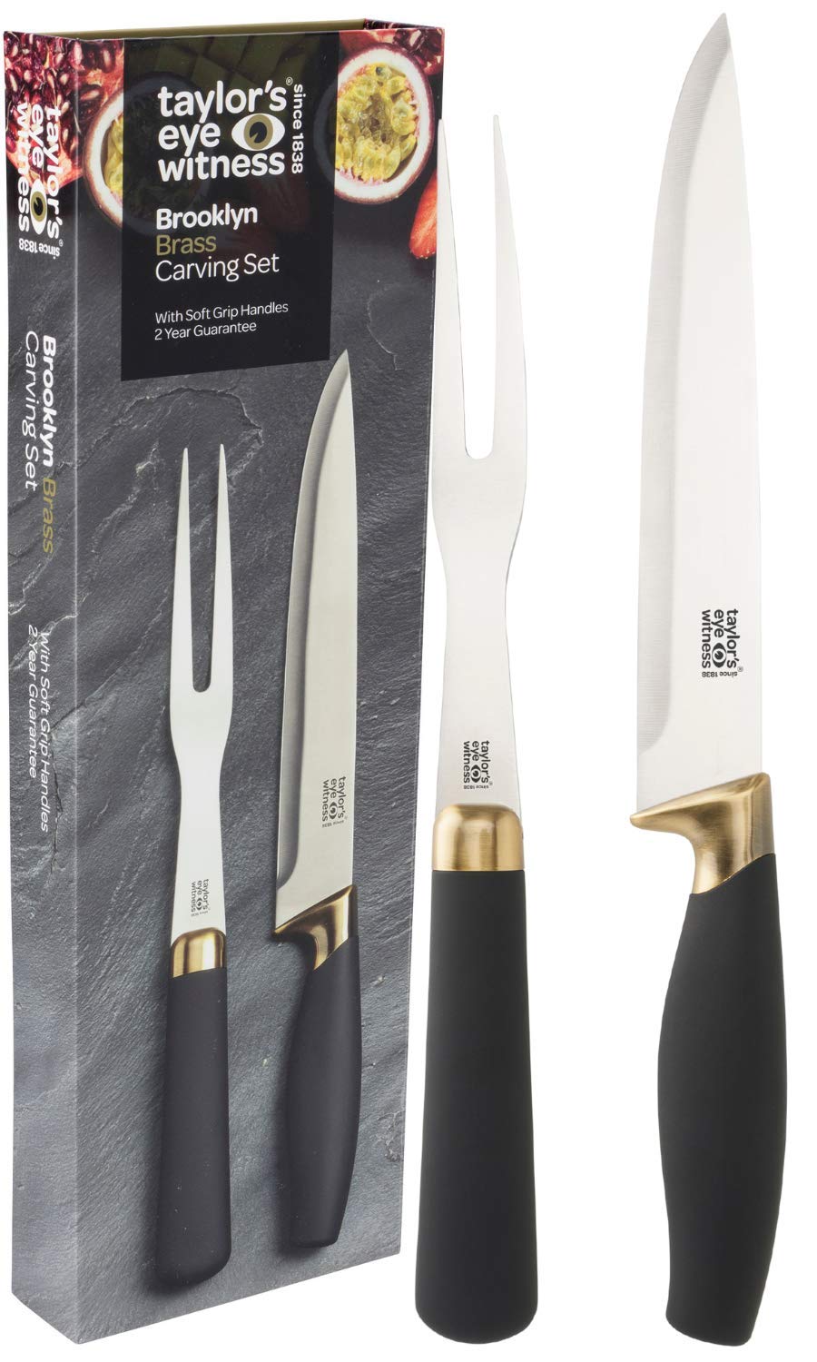 Taylors Eye Witness 5pc Kitchen Knife Block Set - Brooklyn Range Chrome Coloured Bolsters, Finely Ground Razor Sharp Stainless Steel Blades. Soft Grip Handles. Set In Matching Rotating Holder.