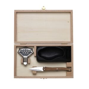 Oyster Knife & Shucker Tool Set in Pinewood Gift Box by California Oyster Co – French Designed Lemon Squeeze, Non-Slip Oyster Holder, and Beechwood Oyster Shucking Knife