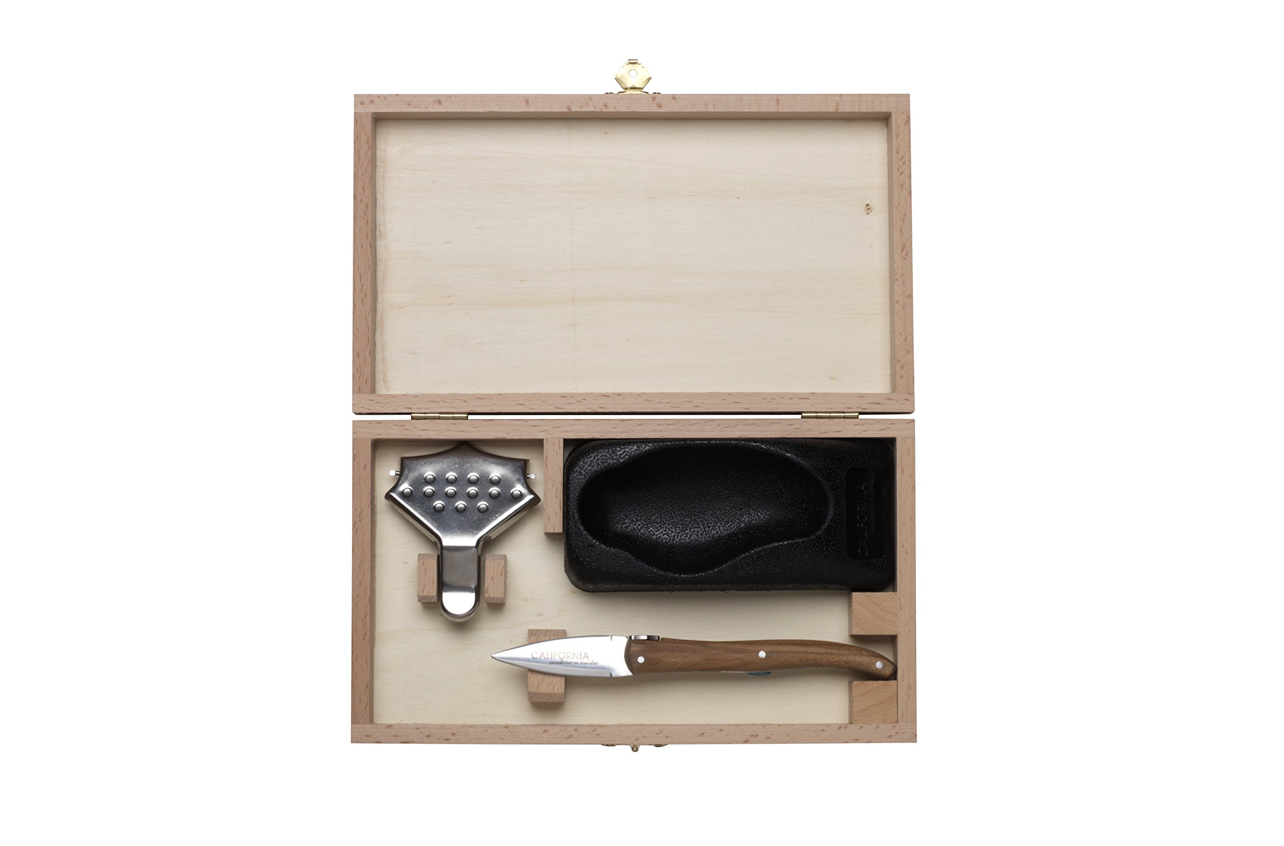 Oyster Knife & Shucker Tool Set in Pinewood Gift Box by California Oyster Co – French Designed Lemon Squeeze, Non-Slip Oyster Holder, and Beechwood Oyster Shucking Knife