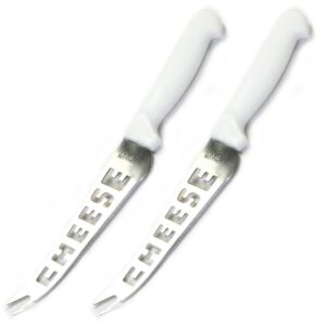set of 2 cheese knives with white handles, classic fork tip stainless steel blade