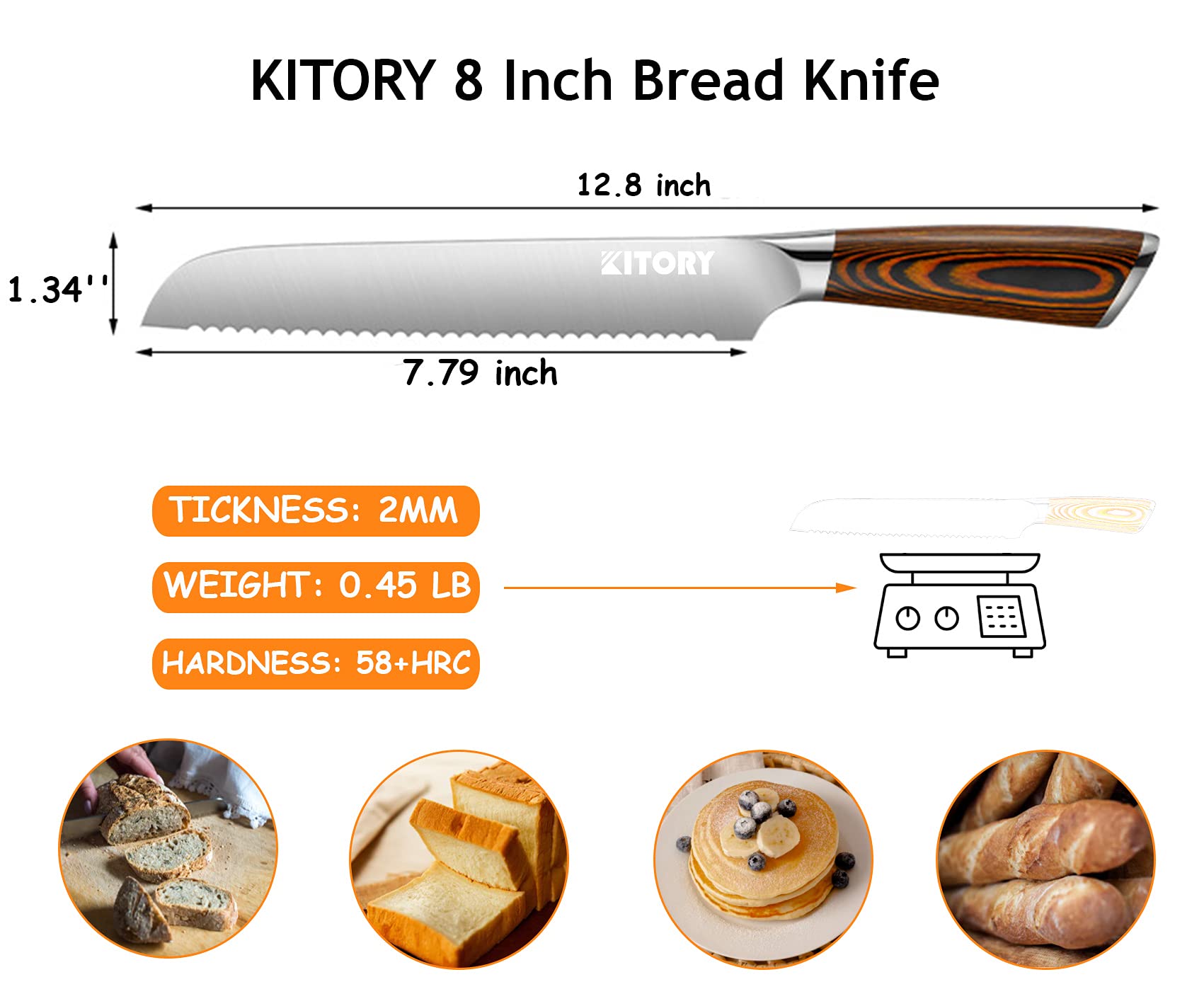 Kitory Bread Knife 8" Serrated Slicing Knife, Ultra Sharp Bread Cutting Knife, Cake Knife Bread Cutter with German High Carbon Stainless Steel Blade&Ergonomic Handle, 2023 Gifts