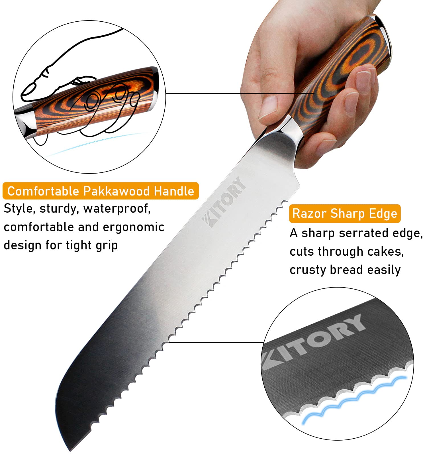 Kitory Bread Knife 8" Serrated Slicing Knife, Ultra Sharp Bread Cutting Knife, Cake Knife Bread Cutter with German High Carbon Stainless Steel Blade&Ergonomic Handle, 2023 Gifts