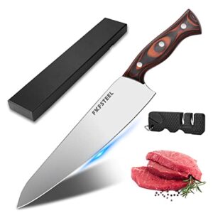 fxfsteel chef knife, 9 inch kitchen knife stainless steel with red solid wood handle professional sharp cleaver knife for cutting vegetable meat cooking knife accessories