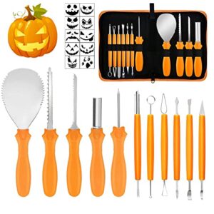 halloween pumpkin carving kit, 11pcs professional stainless steel carving tools for halloween with carrying case & 10 templates stencils for halloween decoration