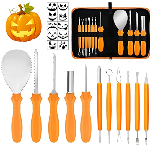 Halloween Pumpkin Carving Kit, 11pcs Professional Stainless Steel Carving Tools for Halloween with Carrying Case & 10 Templates Stencils for Halloween Decoration