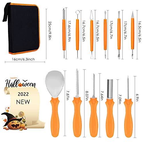 Halloween Pumpkin Carving Kit, 11pcs Professional Stainless Steel Carving Tools for Halloween with Carrying Case & 10 Templates Stencils for Halloween Decoration