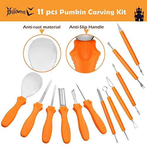 Halloween Pumpkin Carving Kit, 11pcs Professional Stainless Steel Carving Tools for Halloween with Carrying Case & 10 Templates Stencils for Halloween Decoration