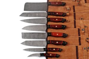 gladiatorsguild g24rd- professional kitchen knives custom made damascus steel 8 pcs of professional utility chef kitchen knife set with chopper/cleaver pocket case chef knife roll bag g24rd (red)